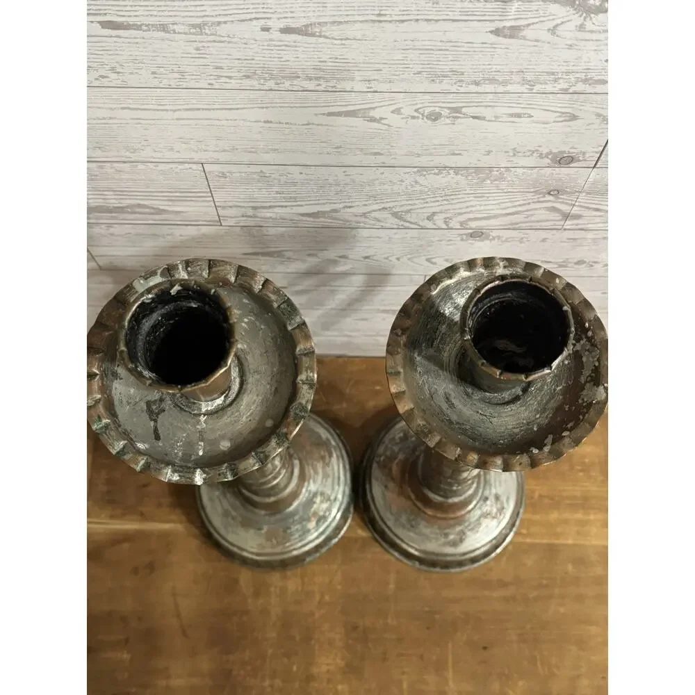 2 Large Metal Ornate Candlesticks with Handle Great Patina